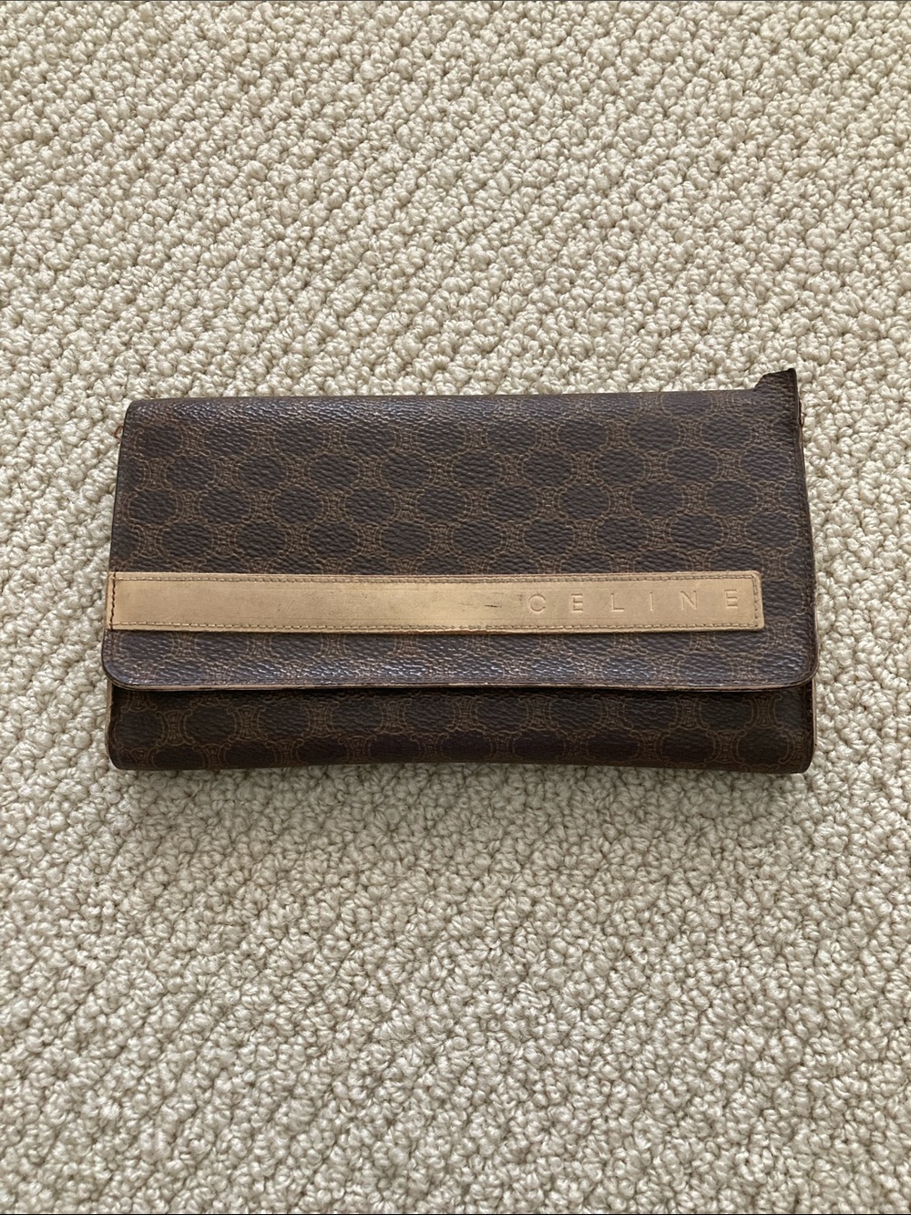 Celine Brown Classic Monogram Leather Fold-Over Wallet Clutch Beige *FLAW